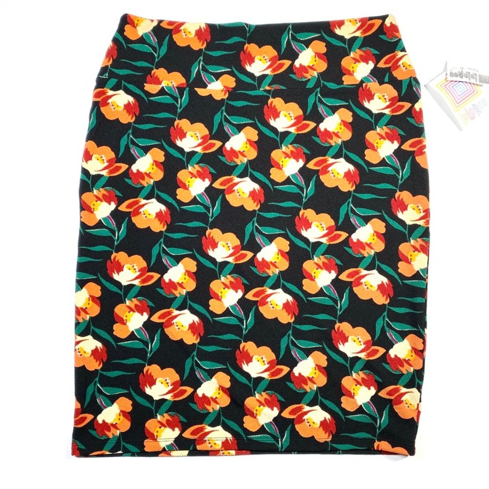 LuLaRoe CASSIE Pencil Skirt Black Tulips Orange XL